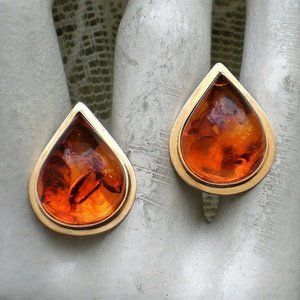 Large Designer 14K Yellow Gold Russian Baltic Honey Amber Tear Drop Earrings